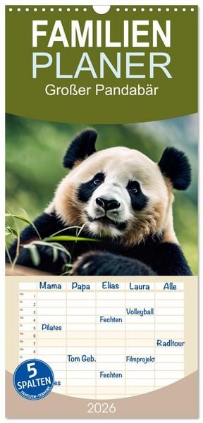 Familienplaner 2026 - Großer Pandabär mit 5 Spalten (Wandkalender, 21 x 45 cm) CALVENDO