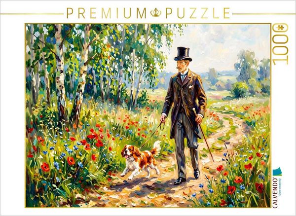 CALVENDO Puzzle Mann mit Zylinder und Hund im Mohnweg | 1000 Teile Lege-Größe 64x48cm Foto-Puzzle für glückliche Stunden