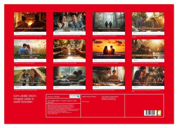Produktbild: ICH LIEBE DICH - Unsere Liebe in zw&ouml;lf Gr&uuml;nden (Wandkalender 2026 DIN A2 quer), CALVENDO Monatskalender