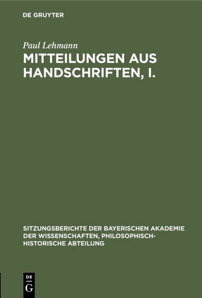 Produktbild: Mitteilungen aus Handschriften, I.