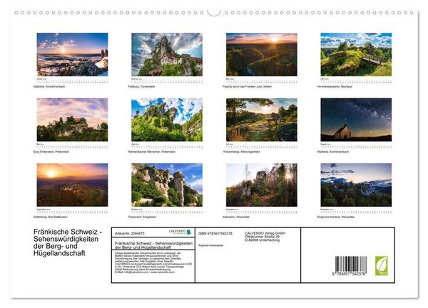 Produktbild: Fr&auml;nkische Schweiz - Sehensw&uuml;rdigkeiten der Berg- und H&uuml;gellandschaft (hochwertiger Premium Wandkalender 2026 DIN A2 quer), Kunstdruck in Hochglanz