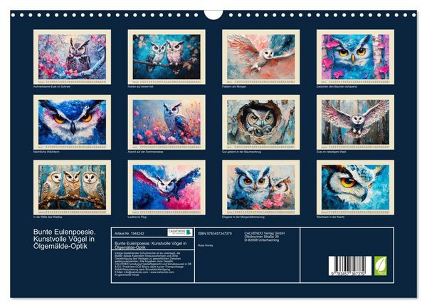Produktbild: Bunte Eulenpoesie. Kunstvolle V&ouml;gel in &Ouml;lgem&auml;lde-Optik (Wandkalender 2026 DIN A3 quer), CALVENDO Monatskalender