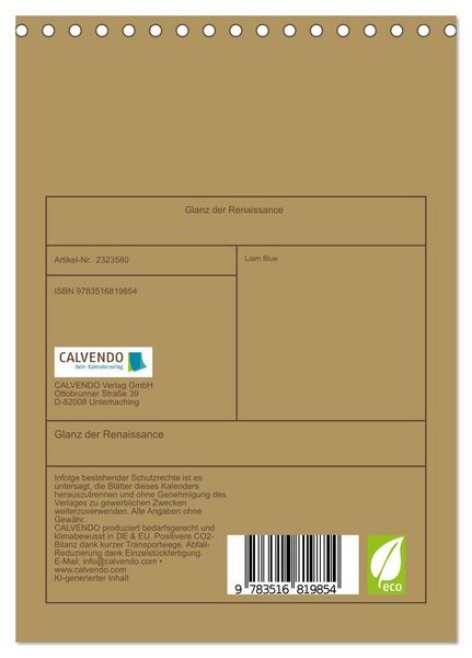 Produktbild: Glanz der Renaissance (Tischkalender 2027 DIN A5 hoch), CALVENDO Monatskalender