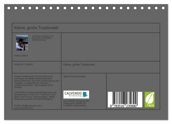 Produktbild: Kleine, gro&szlig;e Tropfenwelt (Tischkalender 2026 DIN A5 quer), CALVENDO Monatskalender
