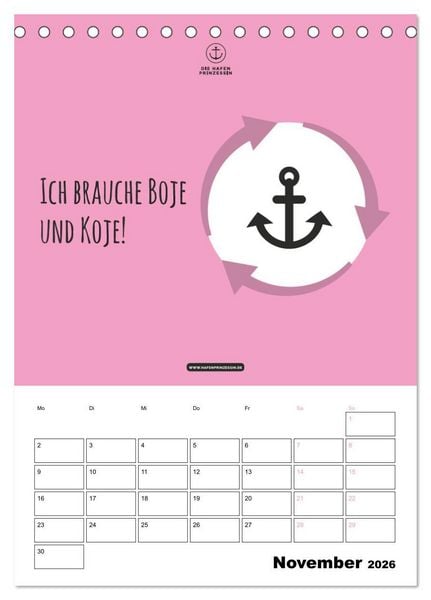 Produktbild: hafenprinzessin: Ankertr&auml;ume & Meer - Der moderne Zitate-Wandkalender f&uuml;r maritime Lebensmomente! (Tischkalender 2026 DIN A5 hoch), CALVENDO Monatskalender