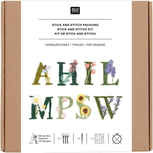 Produktbild: Stick & Stitch Packung Blumenalphabet, bunt, inkl. wasserl&ouml;slicher, bedruckter Stickvorlage, Stickgarn, Sticknadel und Anleitung