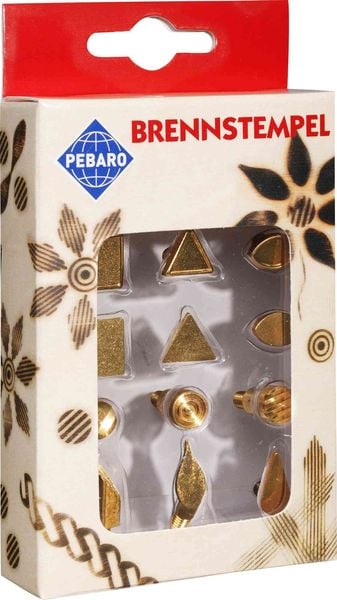 Produktbild: PEBARO 20300 - Brennstempel II, 12-teilig, Motive: Quadrat/Dreieck/Raute/Kreis/Auge/Tropfen/Blatt, passend zum Pebaro-Brandkolben, Brandmalerei