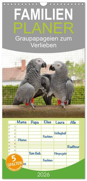 Produktbild: Familienplaner 2026 - Graupapageien zum Verlieben mit 5 Spalten (Wandkalender, 21 x 45 cm) CALVENDO