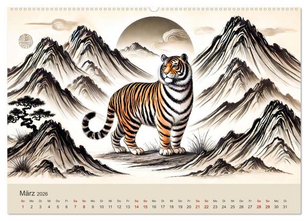 Produktbild: Chinesische Tierkreiszeichen - Kunstvolle KI-Tuschemalerei des Ostens (Wandkalender 2026 DIN A2 quer), CALVENDO Monatskalender