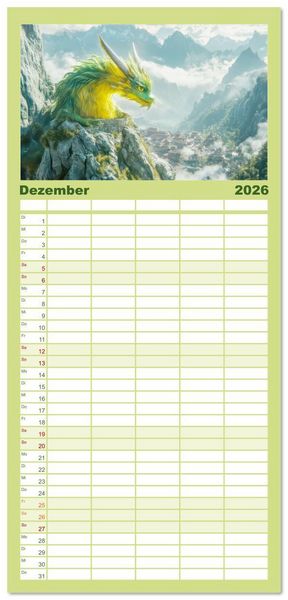 Produktbild: Familienplaner 2026 - Drachen - Verspielt und fluffig mit 5 Spalten (Wandkalender, 21 x 45 cm) CALVENDO