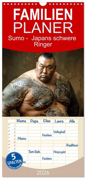 Produktbild: Familienplaner 2026 - Sumo - Japans schwere Ringer mit 5 Spalten (Wandkalender, 21 x 45 cm) CALVENDO