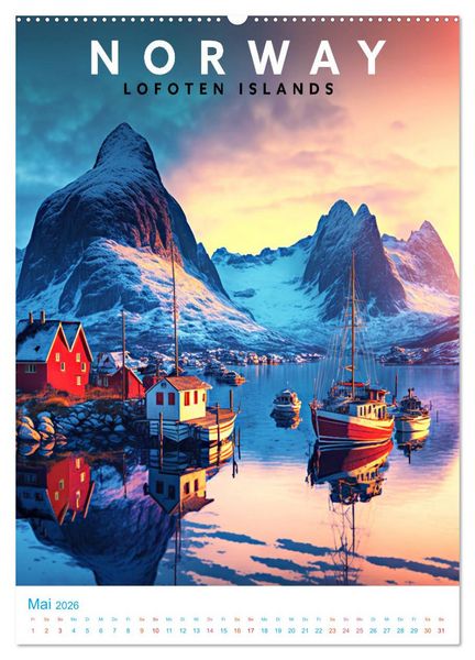 Produktbild: Lofoten - Old School Poster Style (Wandkalender 2026 DIN A2 hoch), CALVENDO Monatskalender