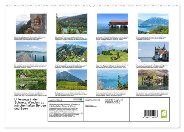 Produktbild: Unterwegs in der Schweiz: Wandern zu m&auml;rchenhaften Bergen und Seen (hochwertiger Premium Wandkalender 2026 DIN A2 quer), Kunstdruck in Hochglanz