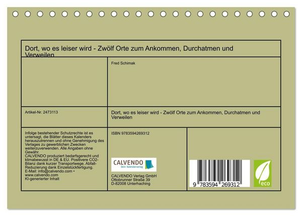 Produktbild: Dort, wo es leiser wird - Zw&ouml;lf Orte zum Ankommen, Durchatmen und Verweilen (Tischkalender 2027 DIN A5 quer), CALVENDO Monatskalender