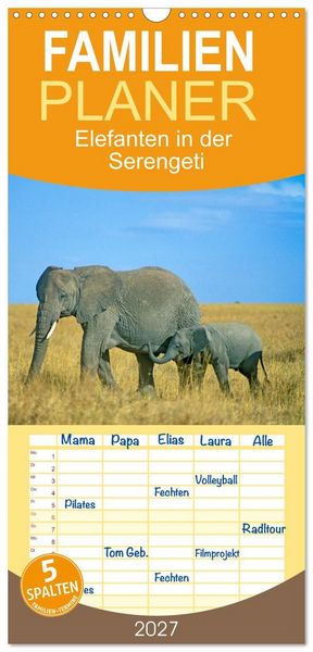 Produktbild: Familienplaner 2027 - Elefanten in der Serengeti mit 5 Spalten (Wandkalender, 21 x 45 cm) CALVENDO