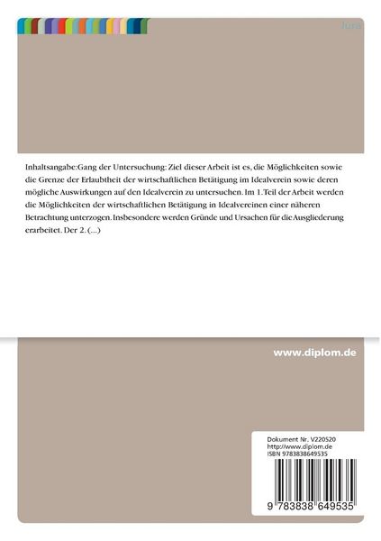 Produktbild: Die wirtschaftliche Bet&auml;tigung im Idealverein und deren Auswirkungen bei &Uuml;berschreiten der Grenze des Nebenzweckprivilegs auf Rechtsform und Gemeinn&uuml;tzigkeit unter der Ber&uuml;cksichtigung von Haftung und Vertretung