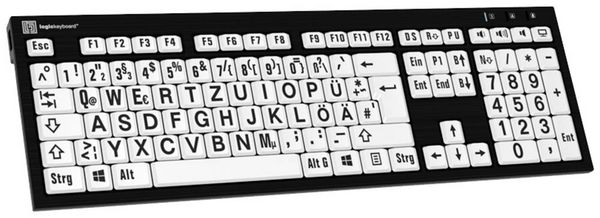Logickeyboard XL-Print Kabelgebunden Tastatur Deutsch, QWERTZ Schwarz Multimediatasten, USB-Hub, Geräuscharme Tasten