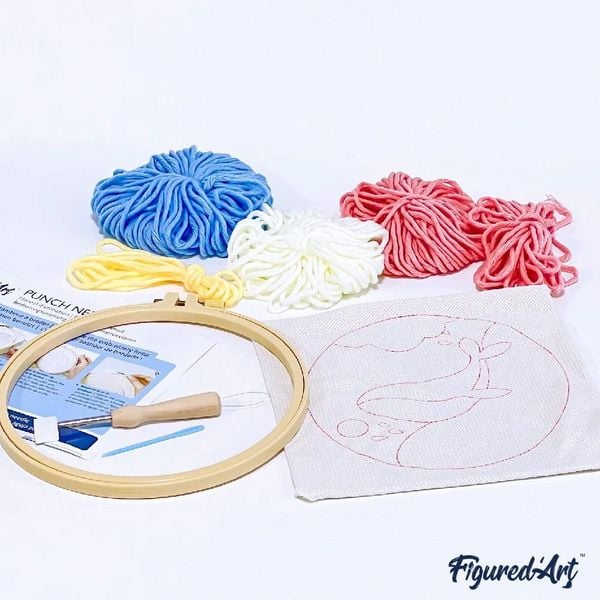 Produktbild: Punch Needle Figured'Art 20x20 cm Orca im Meer, DIY Stickerei mit Nadel und Wolle