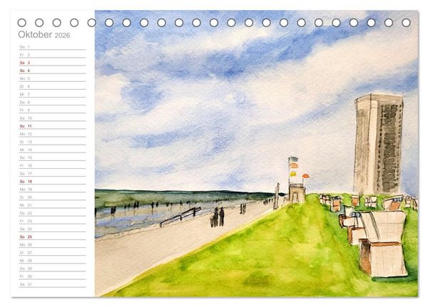 Produktbild: B&uuml;sum Aquarelle - Liebevolle Impressionen des beliebten Nordseebads (Tischkalender 2026 DIN A5 quer), CALVENDO Monatskalender