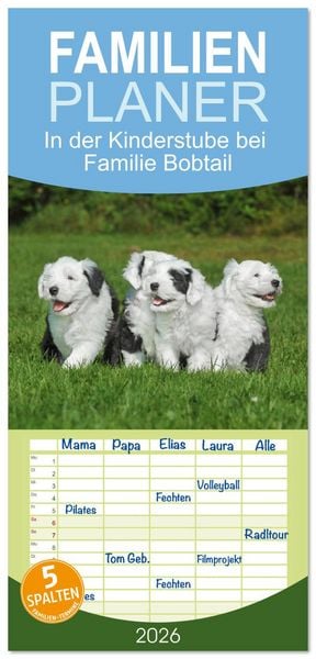 Familienplaner 2026 - In der Kinderstube bei Familie Bobtail mit 5 Spalten (Wandkalender, 21 x 45 cm) CALVENDO