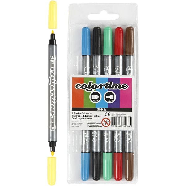 Produktbild: Creativ Company Colortime Dual-Filzstifte Strichst&auml;rke 2,3+3,6 mm, Standard-Farben, 6 Stk