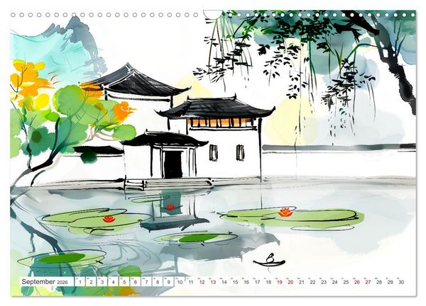 Produktbild: Fernost Impressionen - Tempel und Landschaften in KI-Tuschekunst (Wandkalender 2026 DIN A3 quer), CALVENDO Monatskalender