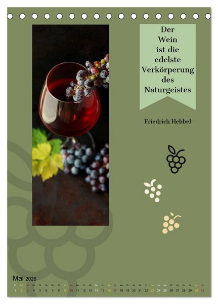 Produktbild: WEIN Weisheiten und Sprichworte (Tischkalender 2026 DIN A5 hoch), CALVENDO Monatskalender