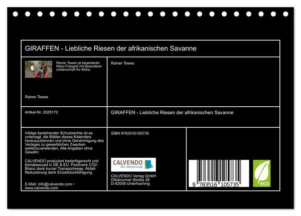 Produktbild: GIRAFFEN - Liebliche Riesen der afrikanischen Savanne (Tischkalender 2026 DIN A5 quer), CALVENDO Monatskalender