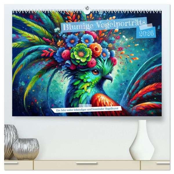 Produktbild: Blumige Vogelportr&auml;ts (hochwertiger Premium Wandkalender 2026 DIN A2 quer), Kunstdruck in Hochglanz