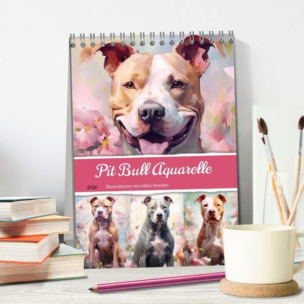Produktbild: Pit Bull Aquarelle. Illustrationen von tollen Hunden (Tischkalender 2026 DIN A5 hoch), CALVENDO Monatskalender
