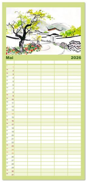Produktbild: Familienplaner 2026 - Fernost Impressionen - Tempel und Landschaften in KI-Tuschekunst mit 5 Spalten (Wandkalender, 21 x 45 cm) CALVENDO