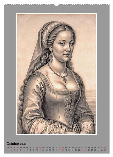 Produktbild: Baroque Beauties, Pencil Art with Artificial Intelligence (Wall Calendar 2026 DIN A2 portrait), CALVENDO 12 Month Wall Calendar