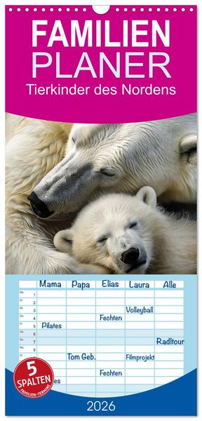 Produktbild: Familienplaner 2026 - Tierkinder des Nordens mit 5 Spalten (Wandkalender, 21 x 45 cm) CALVENDO