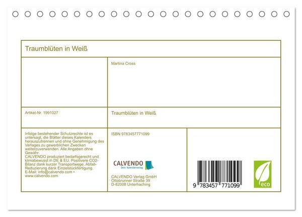 Produktbild: Traumbl&uuml;ten in Wei&szlig; (Tischkalender 2026 DIN A5 quer), CALVENDO Monatskalender