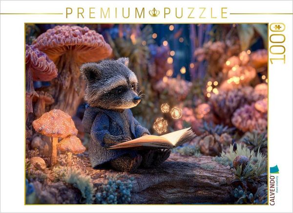 CALVENDO Puzzle Zauberhafter Waschbär liest Magie im Feenwald | 1000 Teile Lege-Größe 64x48cm Foto-Puzzle für glückliche Stunden