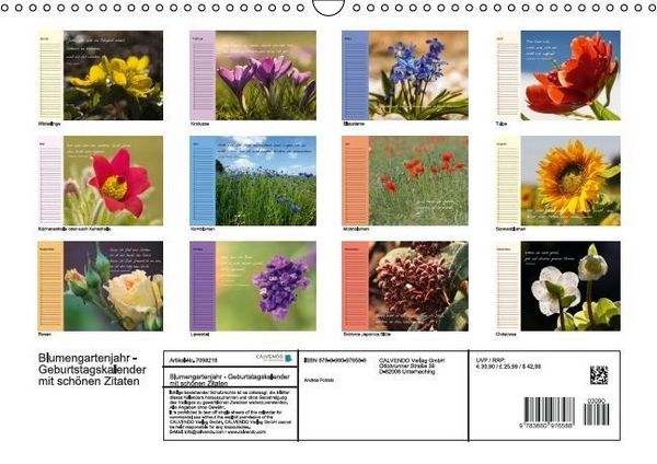 Produktbild: Blumengartenjahr - Geburtstagskalender mit sch&ouml;nen Zitaten (Wandkalender immerw&auml;hrend DIN A3 quer)
