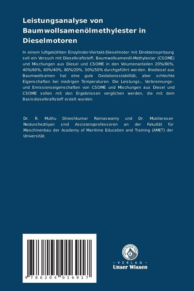 Produktbild: Leistungsanalyse von Baumwollsamen&ouml;lmethylester in Dieselmotoren