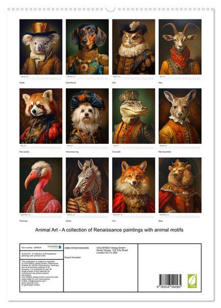 Produktbild: Animal Art - A collection of Renaissance paintings with animal motifs (High Quality Premium Wall Calendar 2026 DIN A2 portrait),CALVENDO 12 Month Wall Calendar