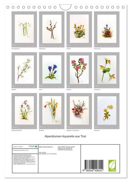 Produktbild: Alpenblumen Aquarelle aus Tirol (Wandkalender 2026 DIN A4 hoch), CALVENDO Monatskalender