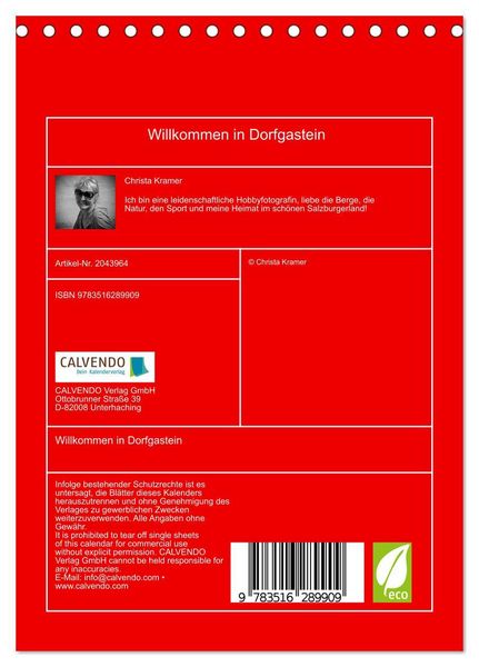 Produktbild: Willkommen in Dorfgastein (Tischkalender 2026 DIN A5 hoch), CALVENDO Monatskalender