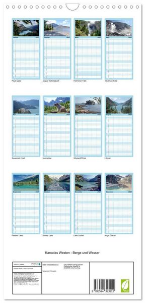 Produktbild: Familienplaner 2027 - Kanadas Westen - Berge und Wasser mit 5 Spalten (Wandkalender, 21 x 45 cm) CALVENDO
