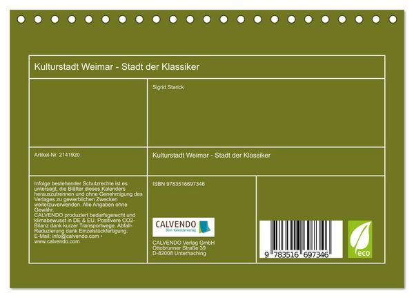 Produktbild: Kulturstadt Weimar - Stadt der Klassiker (Tischkalender 2026 DIN A5 quer), CALVENDO Monatskalender