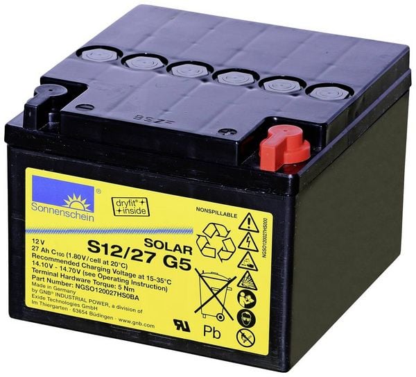Produktbild: GNB Sonnenschein dryfit S12/27 G5 NGSO120027HS0BA Solarakku 12 V 27 Ah Blei-Gel (B x H x T) 17.6 x 12.6 x 16.7 cm M5-Schraubanschluss