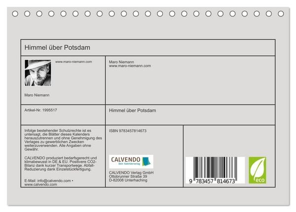 Produktbild: Himmel &uuml;ber Potsdam (Tischkalender 2026 DIN A5 quer), CALVENDO Monatskalender
