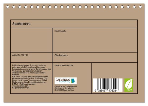 Produktbild: Stachelstars (Tischkalender 2026 DIN A5 quer), CALVENDO Monatskalender