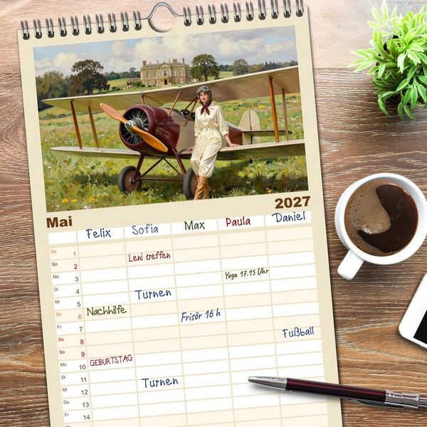 Produktbild: Familienplaner 2027 - Lack und Leinwand &ndash; Flieger mit 5 Spalten (Wandkalender, 21 x 45 cm) CALVENDO