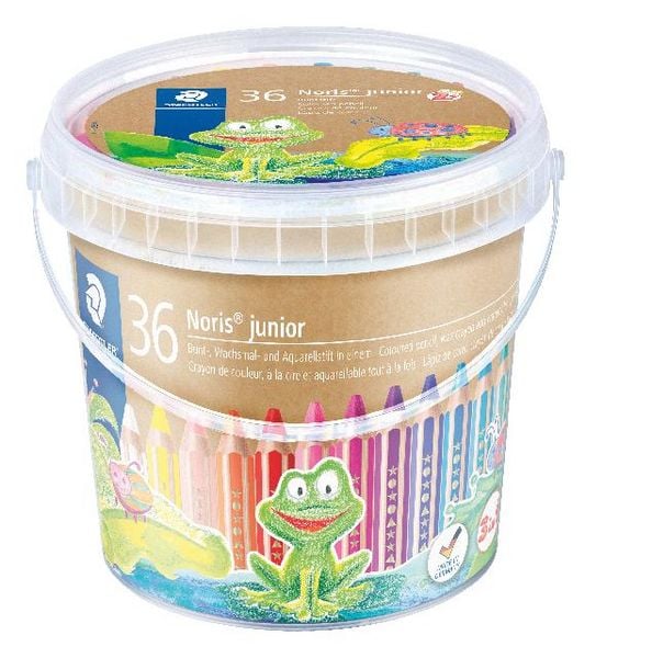 Produktbild: STAEDTLER Noris junior 140 Kindermalstift 3 in 1, Eimer mit 36 Malstiften in 18 sortierten Farben und 3 Spitzern, 140 C36