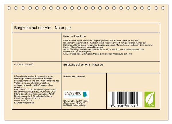 Produktbild: Bergk&uuml;he auf der Alm - Natur pur (Tischkalender 2027 DIN A5 quer), CALVENDO Monatskalender