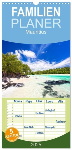 Familienplaner 2026 - Mauritius mit 5 Spalten (Wandkalender, 21 x 45 cm) CALVENDO