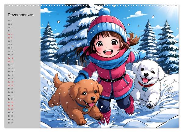 Produktbild: M&auml;dchen und ihre tierischen Freunde - Tierisch s&uuml;&szlig;e Mangas f&uuml;r M&auml;dchen (hochwertiger Premium Wandkalender 2026 DIN A2 quer), Kunstdruck in Hochglanz